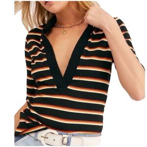 Free People Donna Striped XS Deep-V Neckline Ribbed Stripes Vintage-Inspired